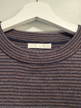 ZARA Striped Ribbed Crewneck Sweater in Brown and Gray and Blue